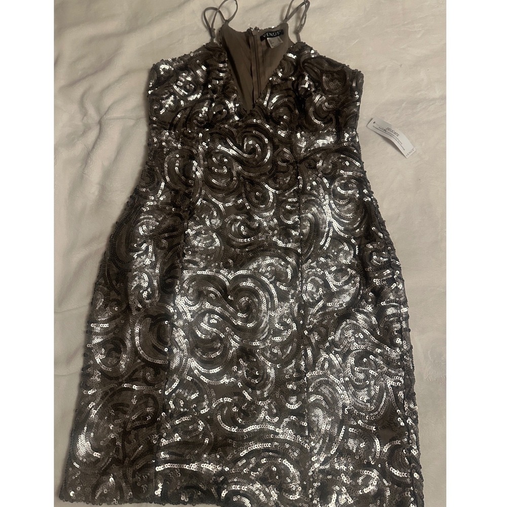 Venus Sequin Swirl Cocktail Dress Taupe Silver V-Neck Bodycon Women 14 Party - Picture 10 of 16